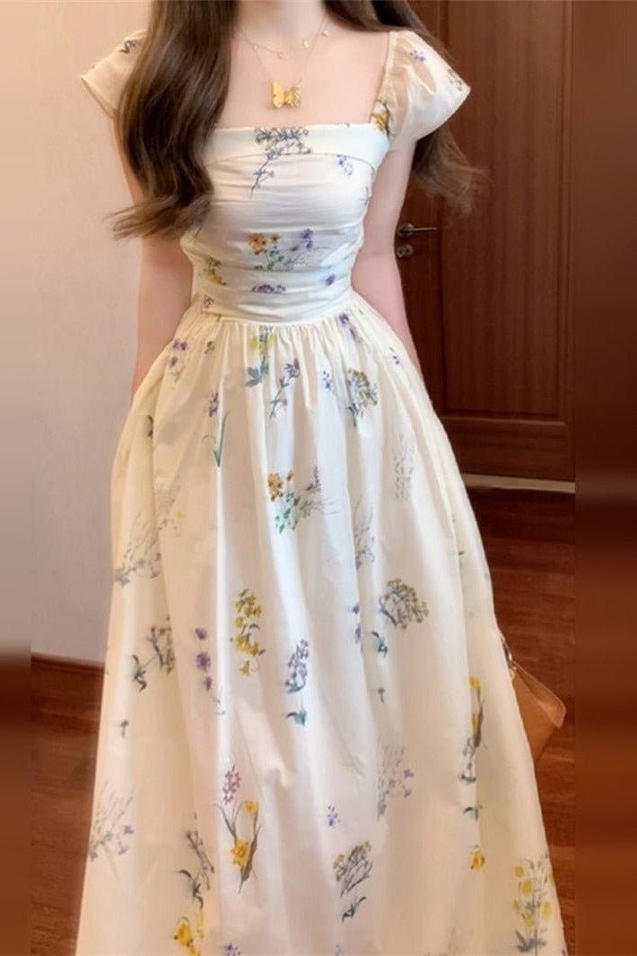 CGBSH 943-137B 方領小飛袖碎花夏季收腰露背A字連衣裙