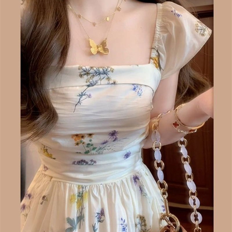 CGBSH 943-137B 方領小飛袖碎花夏季收腰露背A字連衣裙