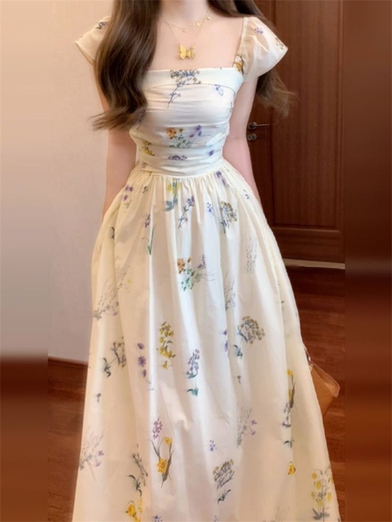 CGBSH 943-137B 方領小飛袖碎花夏季收腰露背A字連衣裙