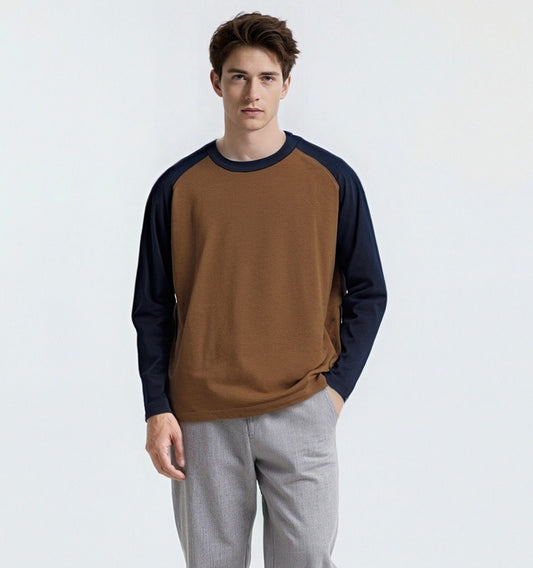 CBDS5003-124B 春季重磅280g純棉圓領長袖拼色插肩袖寬鬆T恤(6色)