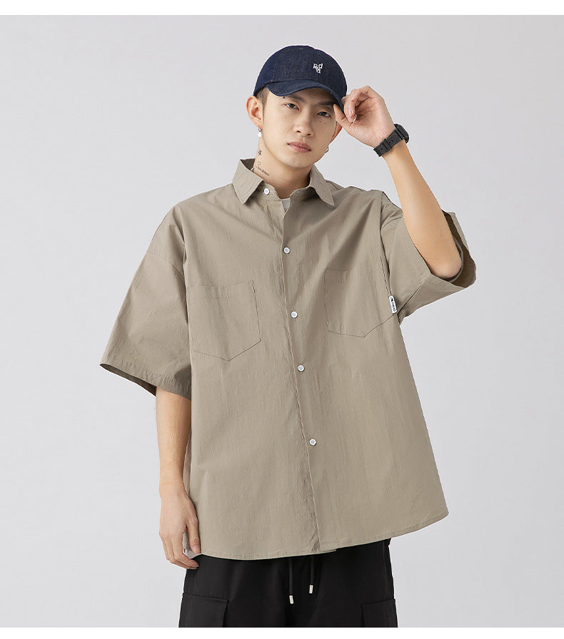CBEK1712-8H 復古純色口袋短袖寬鬆工裝襯衫(3色)