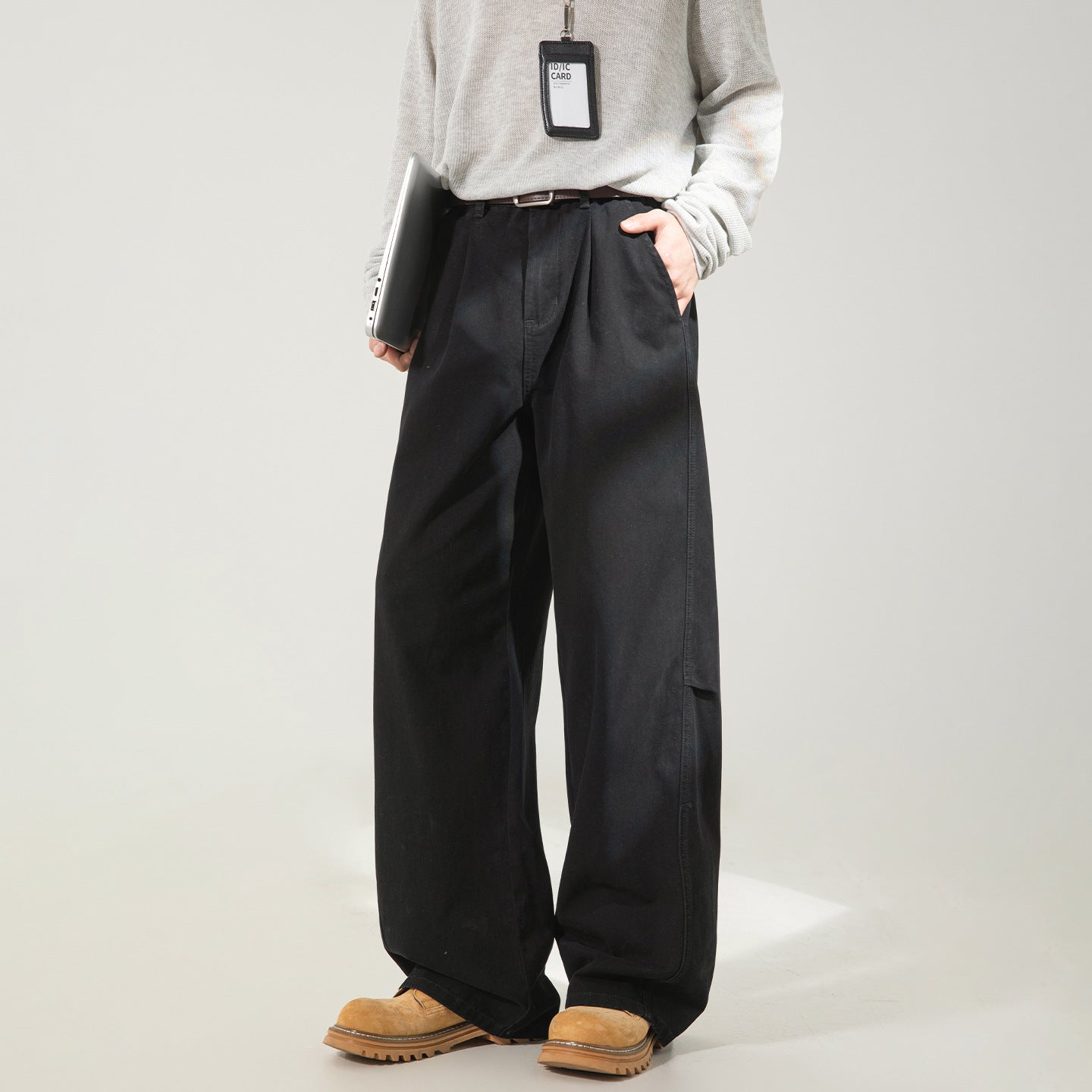 CBAOK2641-8H 分割打褶休閒褲春秋季純棉工裝直筒寬鬆長褲(3色)