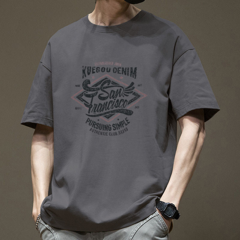 CBE391-96B 國潮T恤白色短袖男半袖寬鬆印花復古圓領字母純棉200克(6色)
