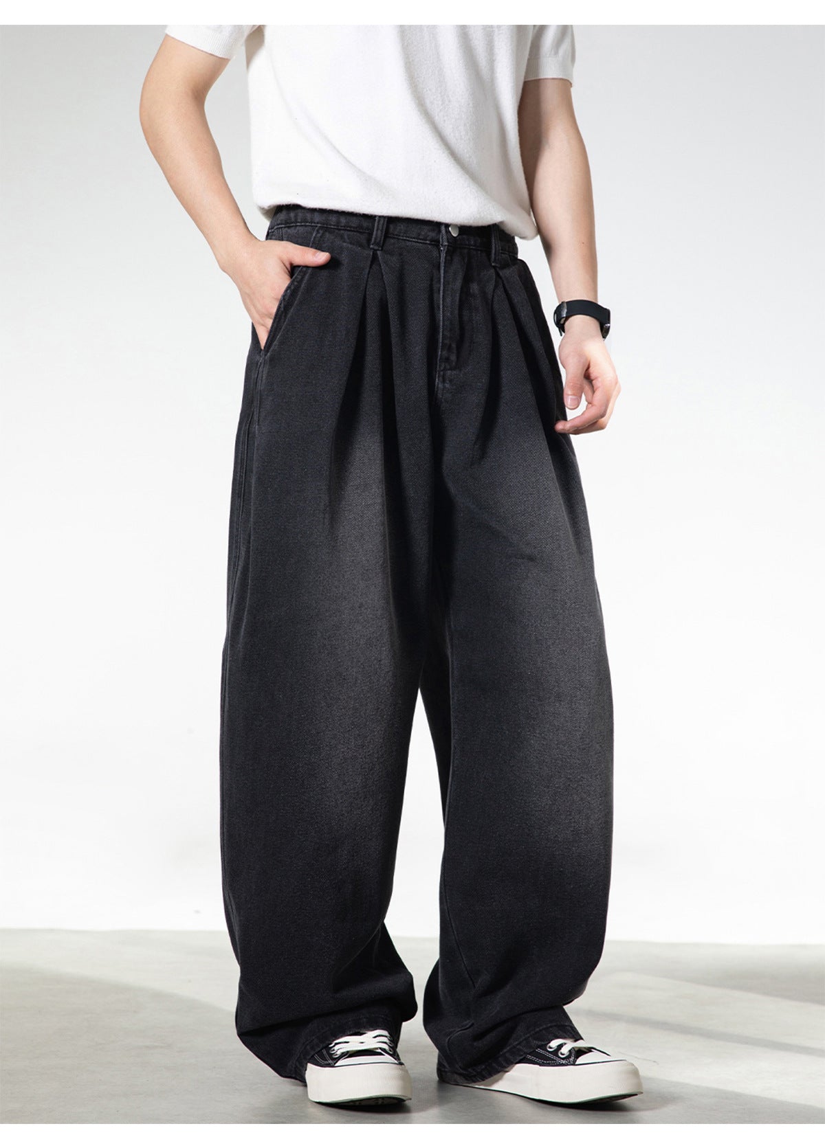 CBAON2530-8H 分叉式打褶水洗做舊春秋季復古寬鬆牛仔直筒褲(2色)