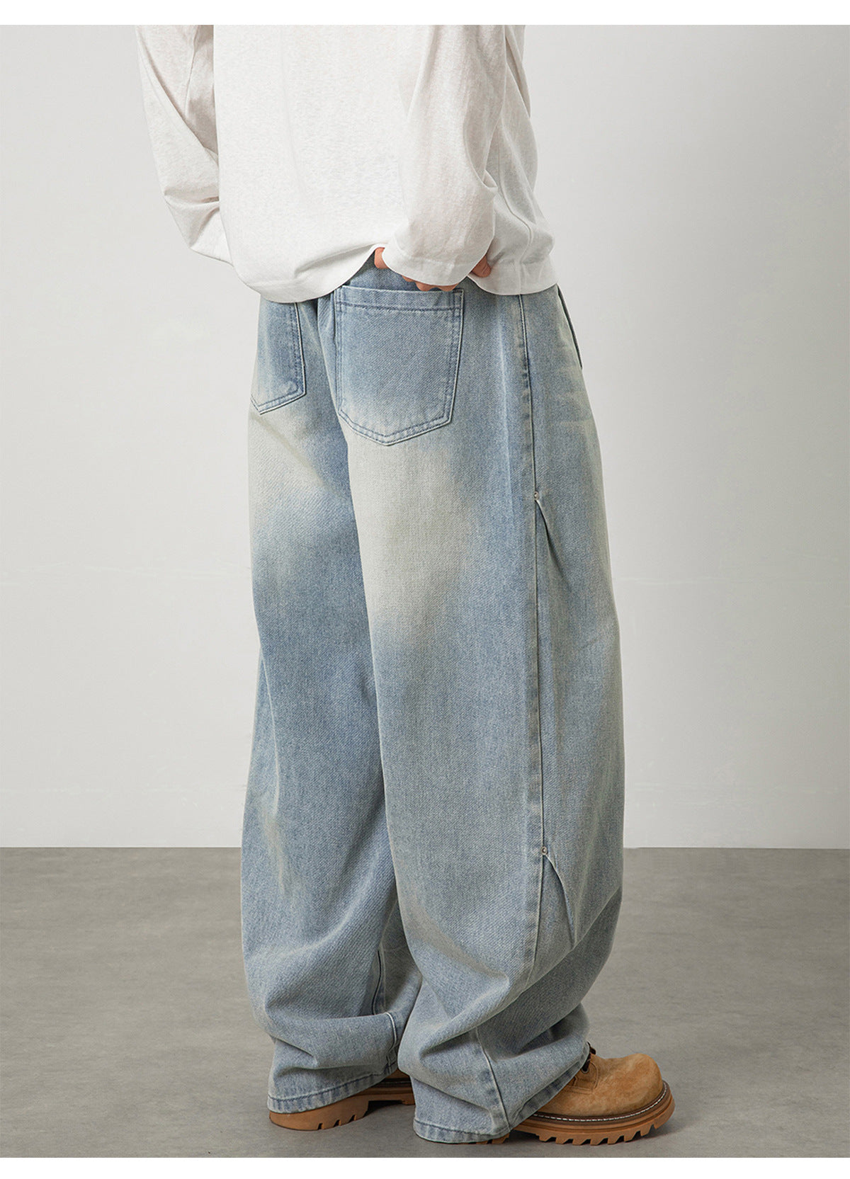 CBAON2624-8H 春秋側縫打褶水洗做舊直筒百搭寬鬆牛仔褲