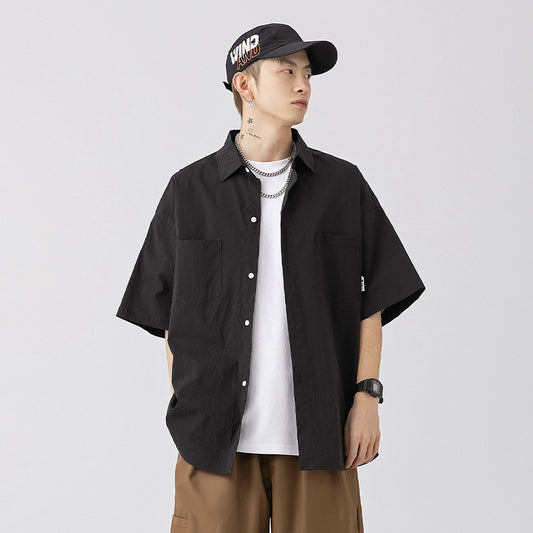 CBEK1712-8H 復古純色口袋短袖寬鬆工裝襯衫(3色)