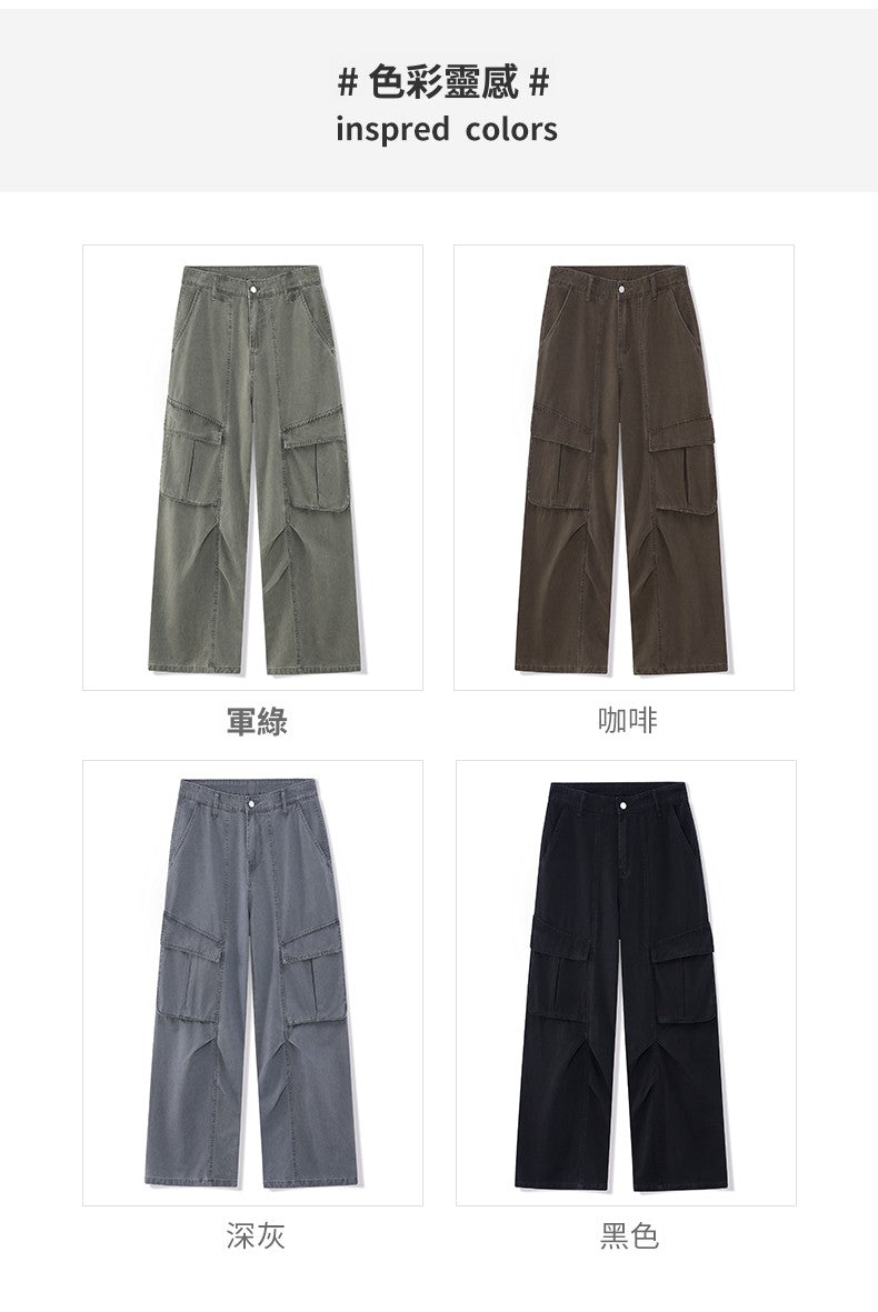 CBABK9282-65B 秋冬全棉洗水寬鬆直筒百搭拼接簡約工裝長褲(4色)