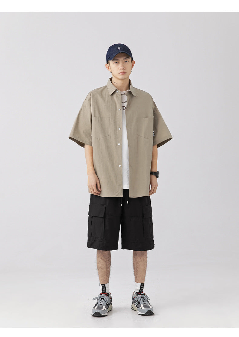 CBEK1712-8H 復古純色口袋短袖寬鬆工裝襯衫(3色)