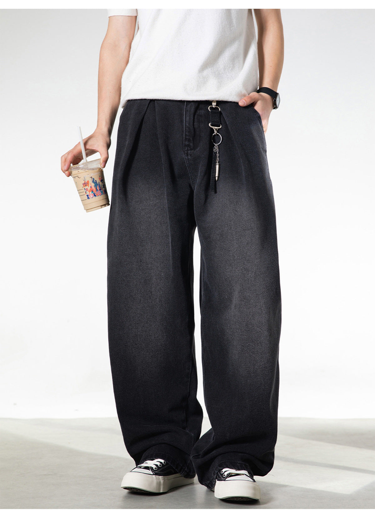 CBAON2530-8H 分叉式打褶水洗做舊春秋季復古寬鬆牛仔直筒褲(2色)