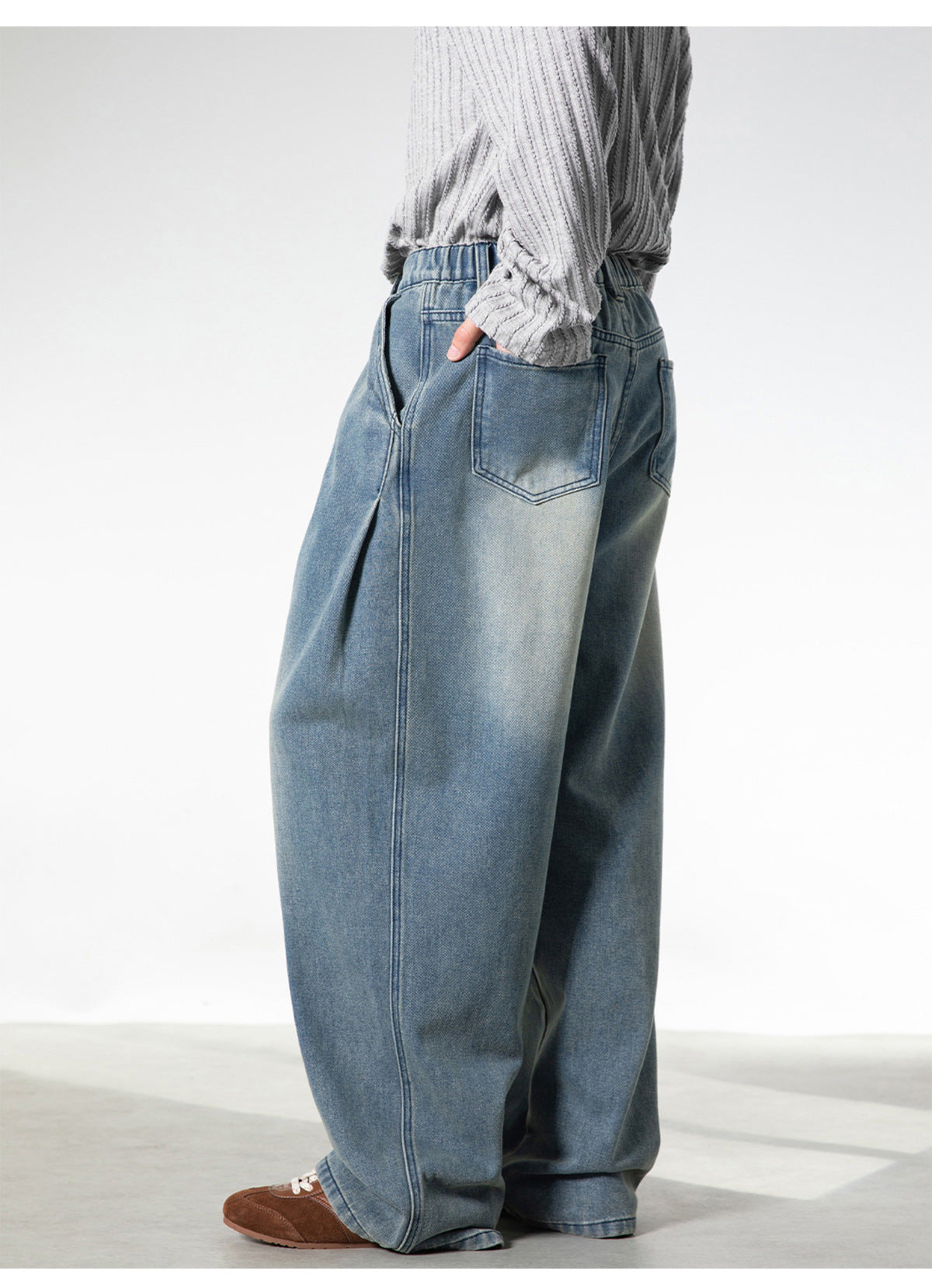 CBAON2530-8H 分叉式打褶水洗做舊春秋季復古寬鬆牛仔直筒褲(2色)