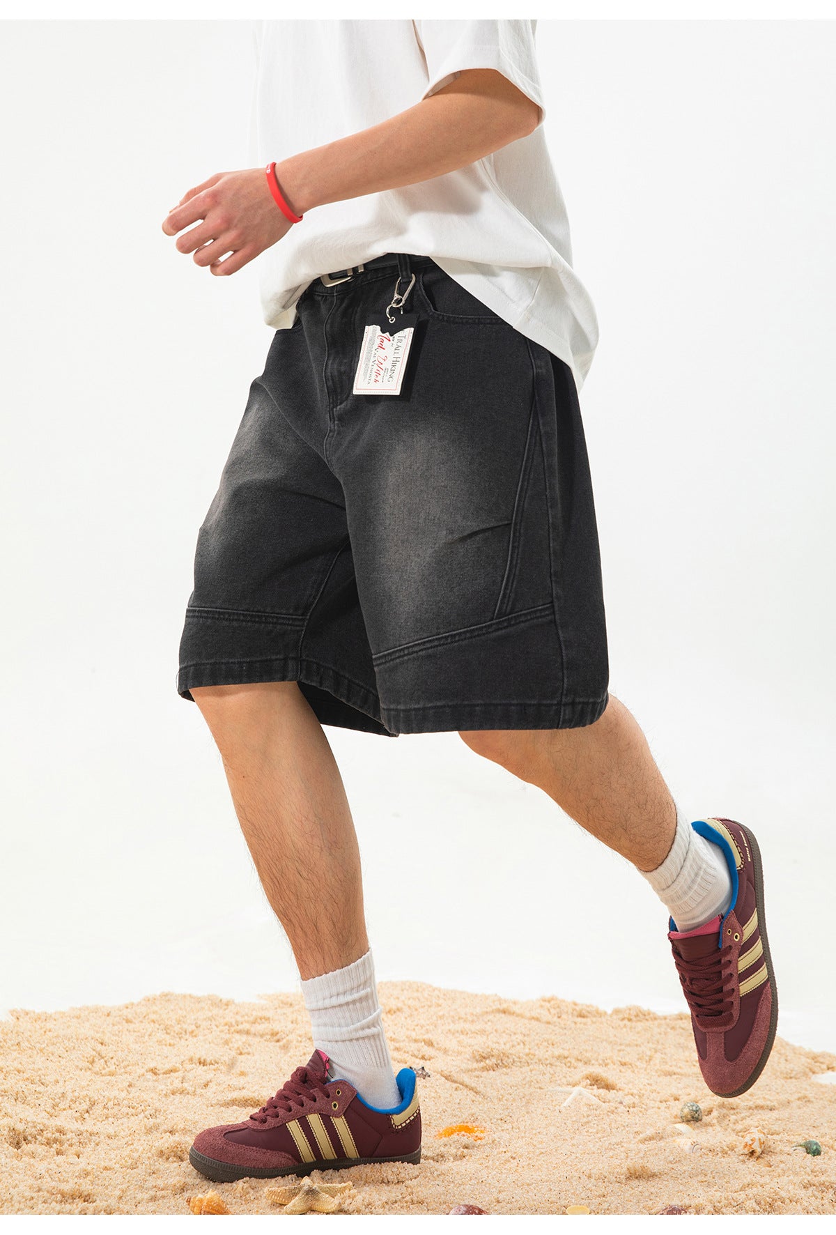 CBSON2607-8H 夏款分割打褶寬鬆復古水洗牛仔短褲(3色)