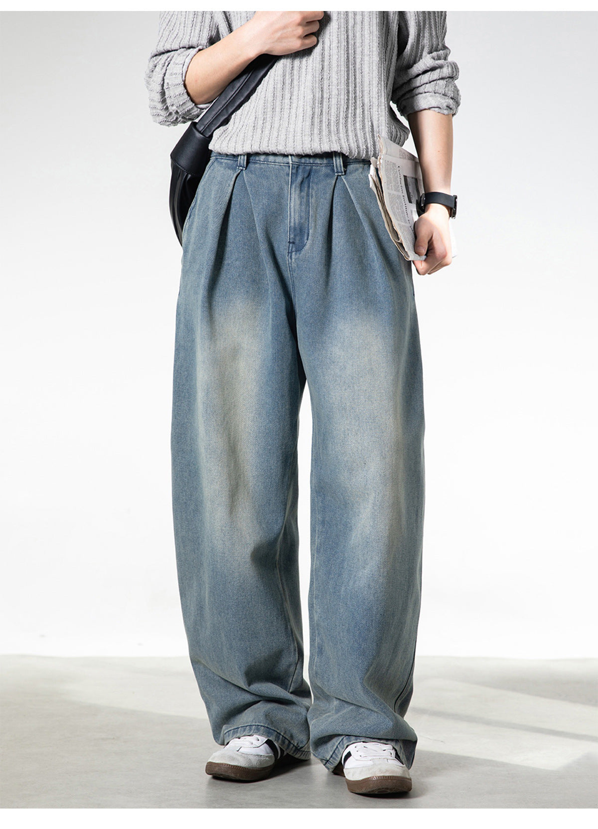 CBAON2530-8H 分叉式打褶水洗做舊春秋季復古寬鬆牛仔直筒褲(2色)