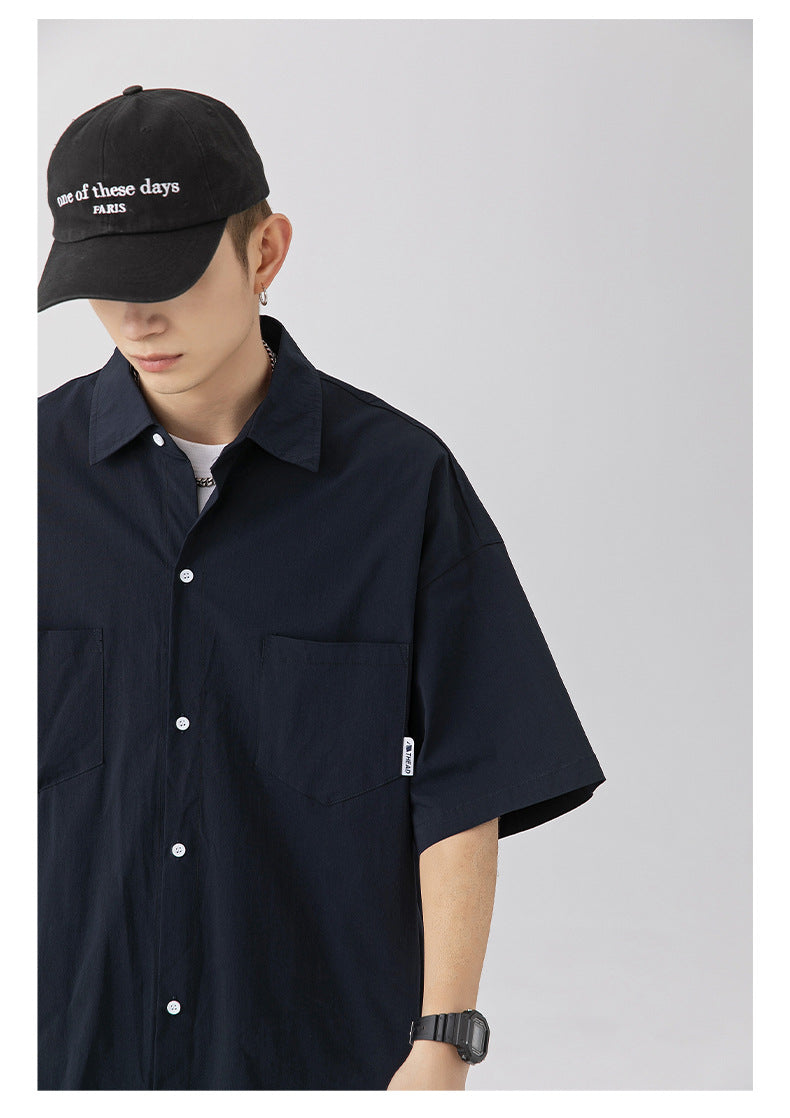 CBEK1712-8H 復古純色口袋短袖寬鬆工裝襯衫(3色)