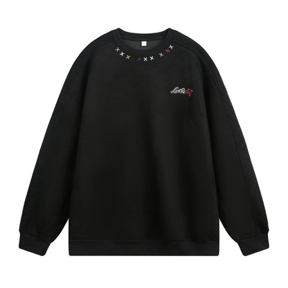 CBDMW8000-8H 領口彩色刺繡仿麂皮絨圓領立體分割套頭長袖上衣(3色)