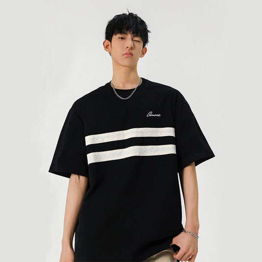 CBEMT7162-8H 復古刺繡寬鬆休閒短袖T恤夏季微皺條紋撞色設計T恤(2色)