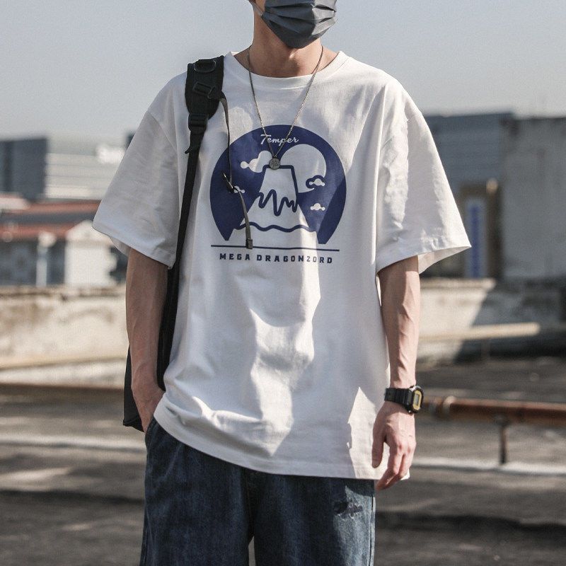 CBE341-96B 純棉200克夏季新款時尚簡約韓系百搭印花寬鬆圓領T恤(5色)