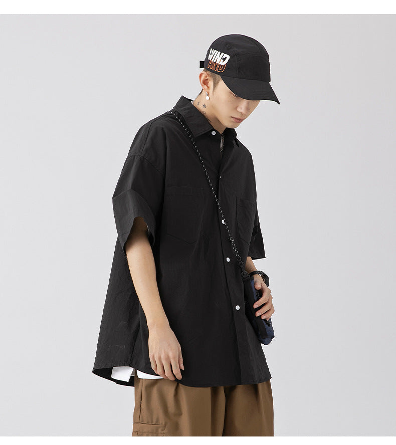 CBEK1712-8H 復古純色口袋短袖寬鬆工裝襯衫(3色)