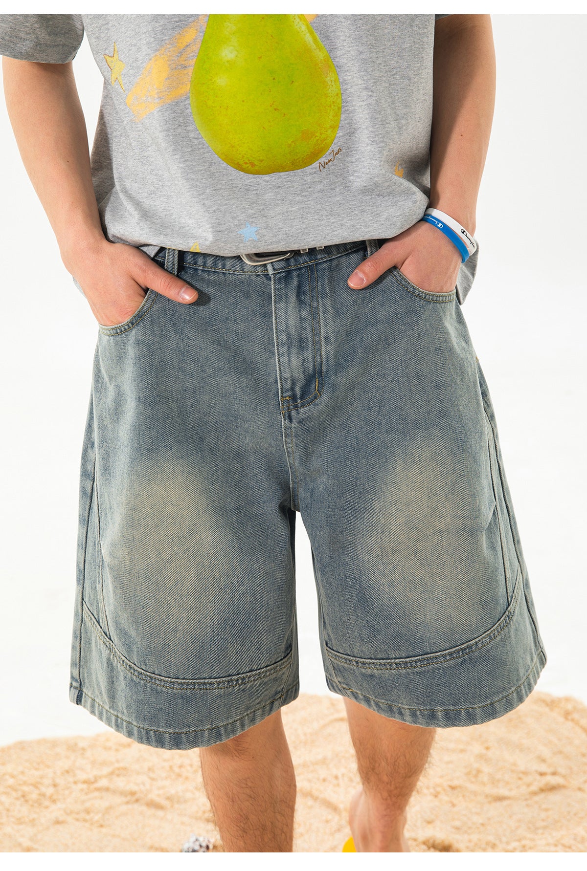 CBSON2607-8H 夏款分割打褶寬鬆復古水洗牛仔短褲(3色)