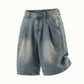CBSON2607-8H 夏款分割打褶寬鬆復古水洗牛仔短褲(3色)