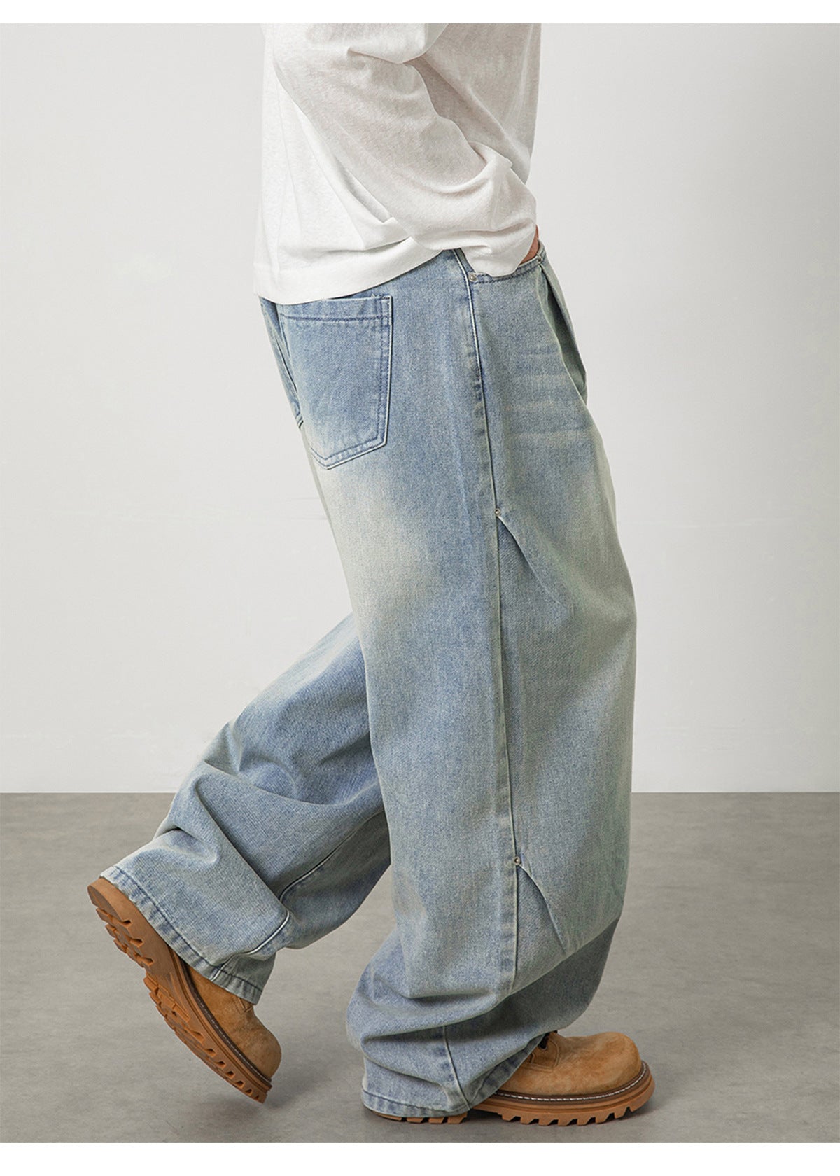 CBAON2624-8H 春秋側縫打褶水洗做舊直筒百搭寬鬆牛仔褲