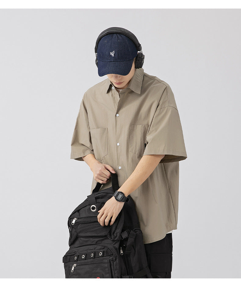 CBEK1712-8H 復古純色口袋短袖寬鬆工裝襯衫(3色)