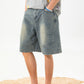 CBSON2607-8H 夏款分割打褶寬鬆復古水洗牛仔短褲(3色)