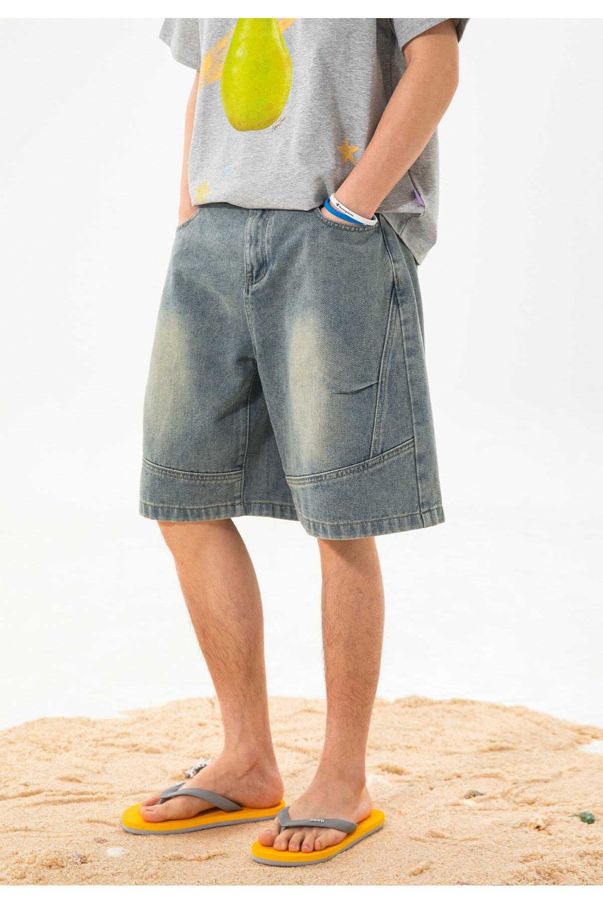 CBSON2607-8H 夏款分割打褶寬鬆復古水洗牛仔短褲(3色)