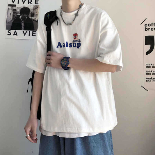CBE8121-96B 純棉200克國潮T恤短袖寬鬆上衣字母印花(2色)
