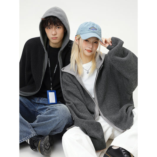 CBCMM4144-8H 假兩件開衫連帽毛衣針織衫外套(2色.男女同款)