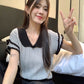 CGEA2563-67B 夏季新款短袖冰絲針織衫設計感撞色V領飛飛袖上衣