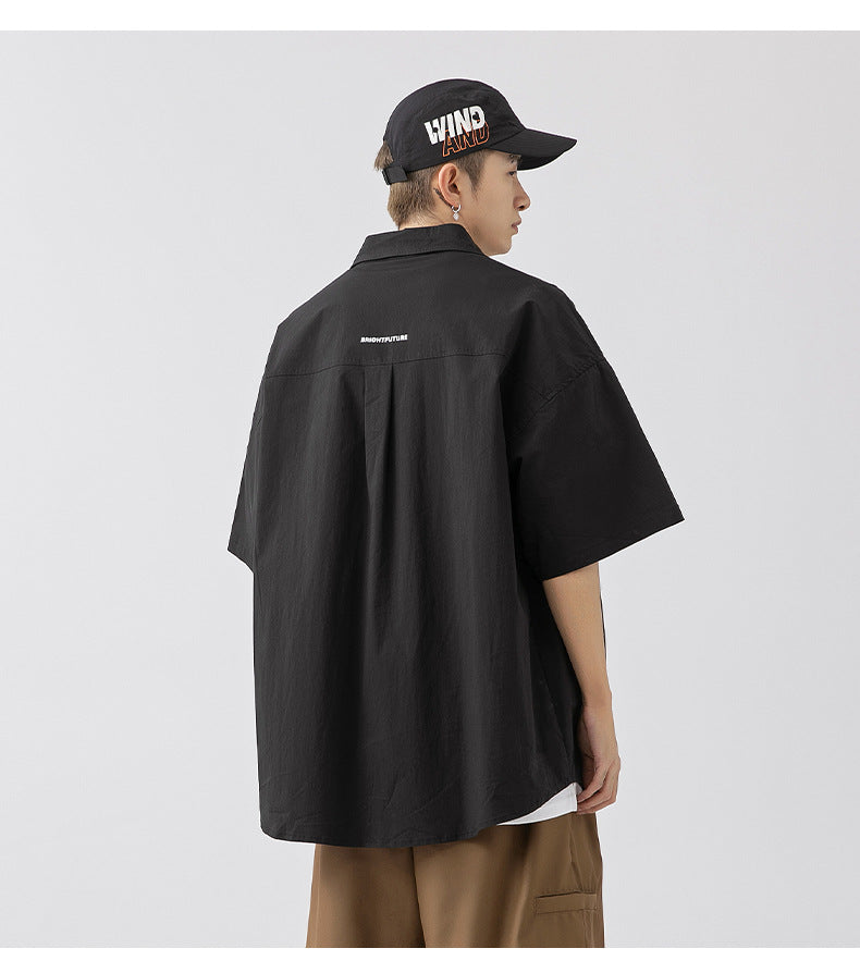 CBEK1712-8H 復古純色口袋短袖寬鬆工裝襯衫(3色)