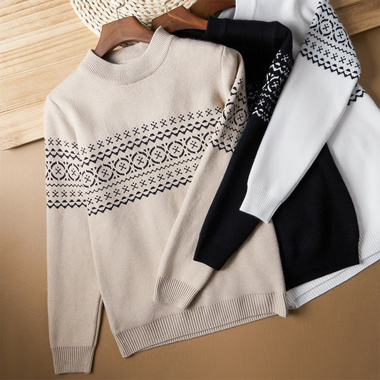 CBD8509-124B 秋冬加厚針織圓領復古提花套頭針織衫毛衣(2款.3色)