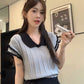 CGEA2563-67B 夏季新款短袖冰絲針織衫設計感撞色V領飛飛袖上衣