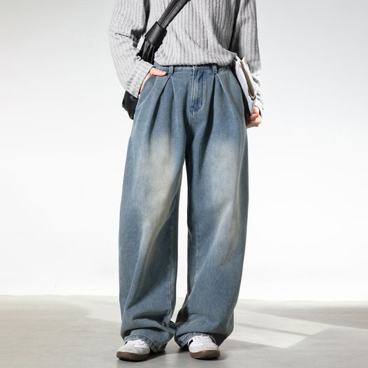 CBAON2530-8H 分叉式打褶水洗做舊春秋季復古寬鬆牛仔直筒褲(2色)