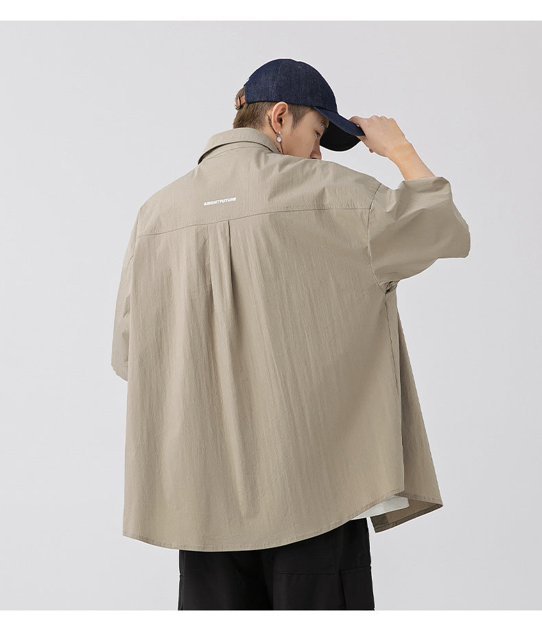 CBEK1712-8H 復古純色口袋短袖寬鬆工裝襯衫(3色)