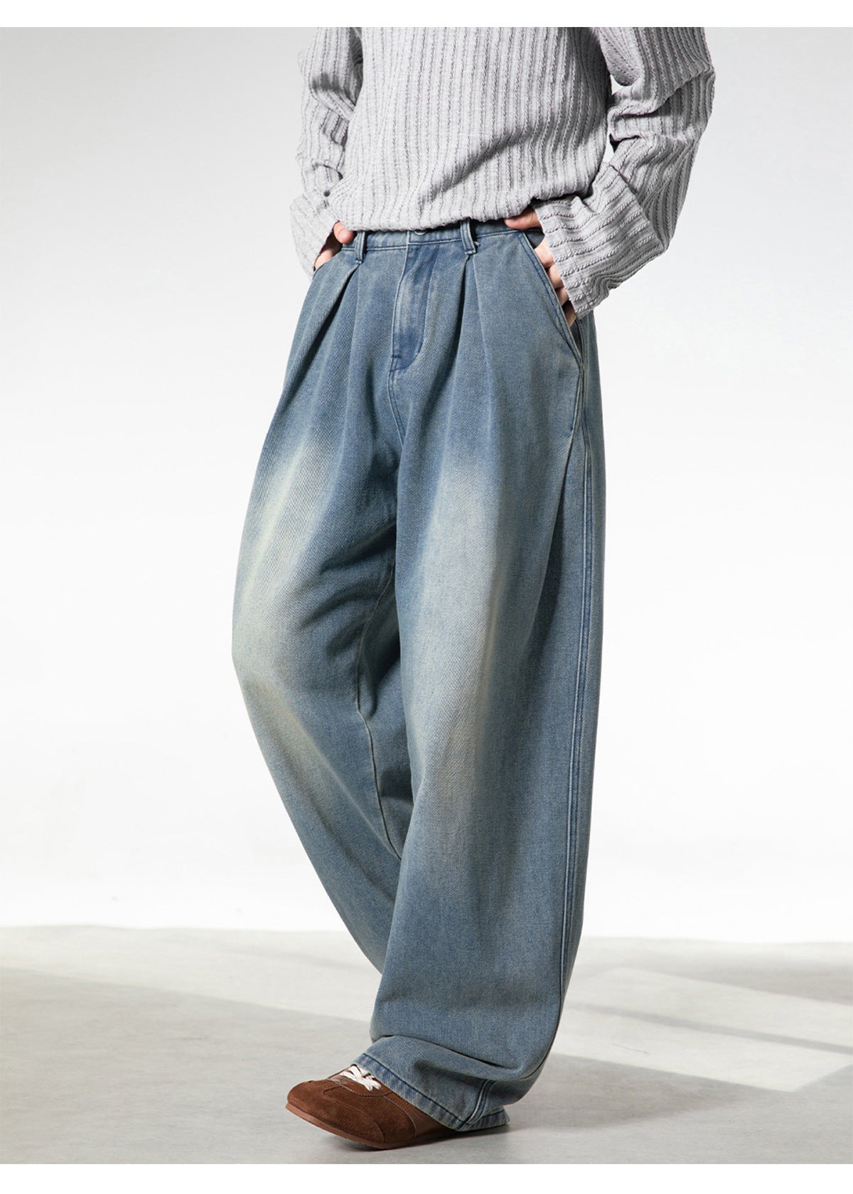 CBAON2530-8H 分叉式打褶水洗做舊春秋季復古寬鬆牛仔直筒褲(2色)