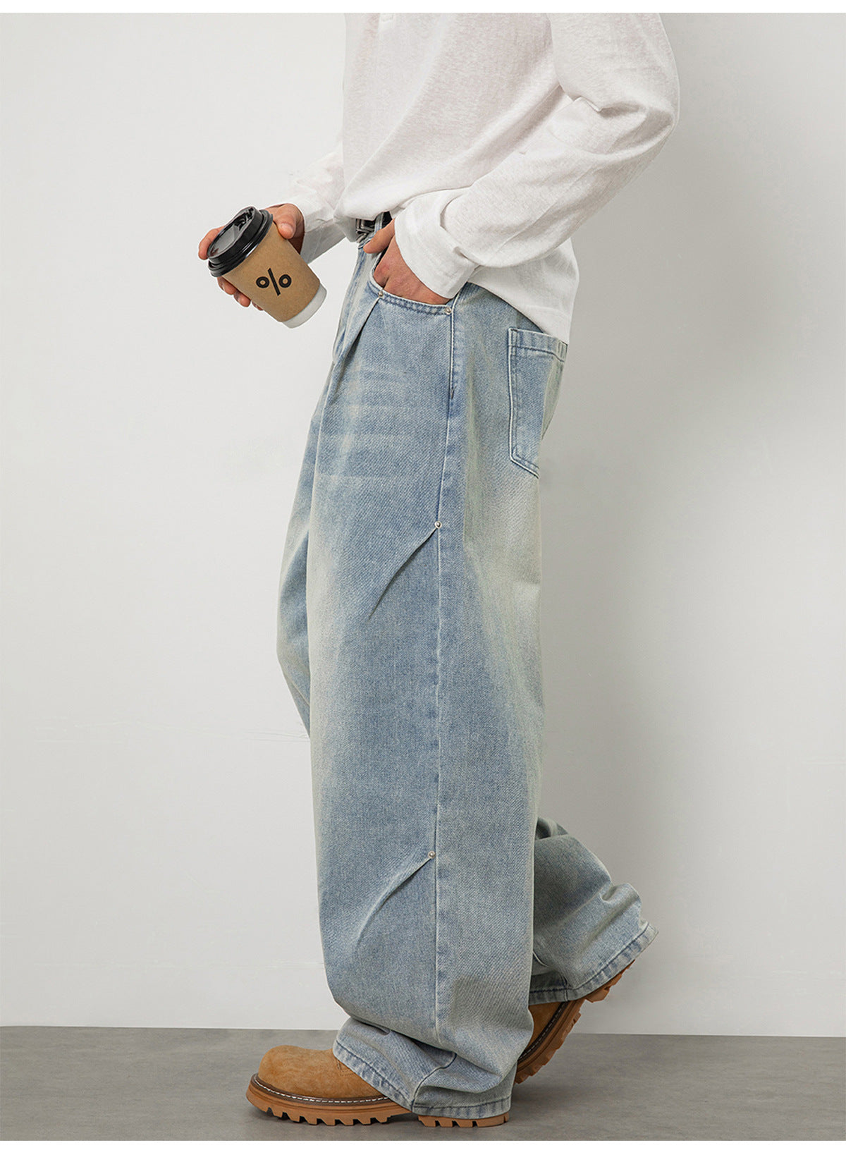 CBAON2624-8H 春秋側縫打褶水洗做舊直筒百搭寬鬆牛仔褲