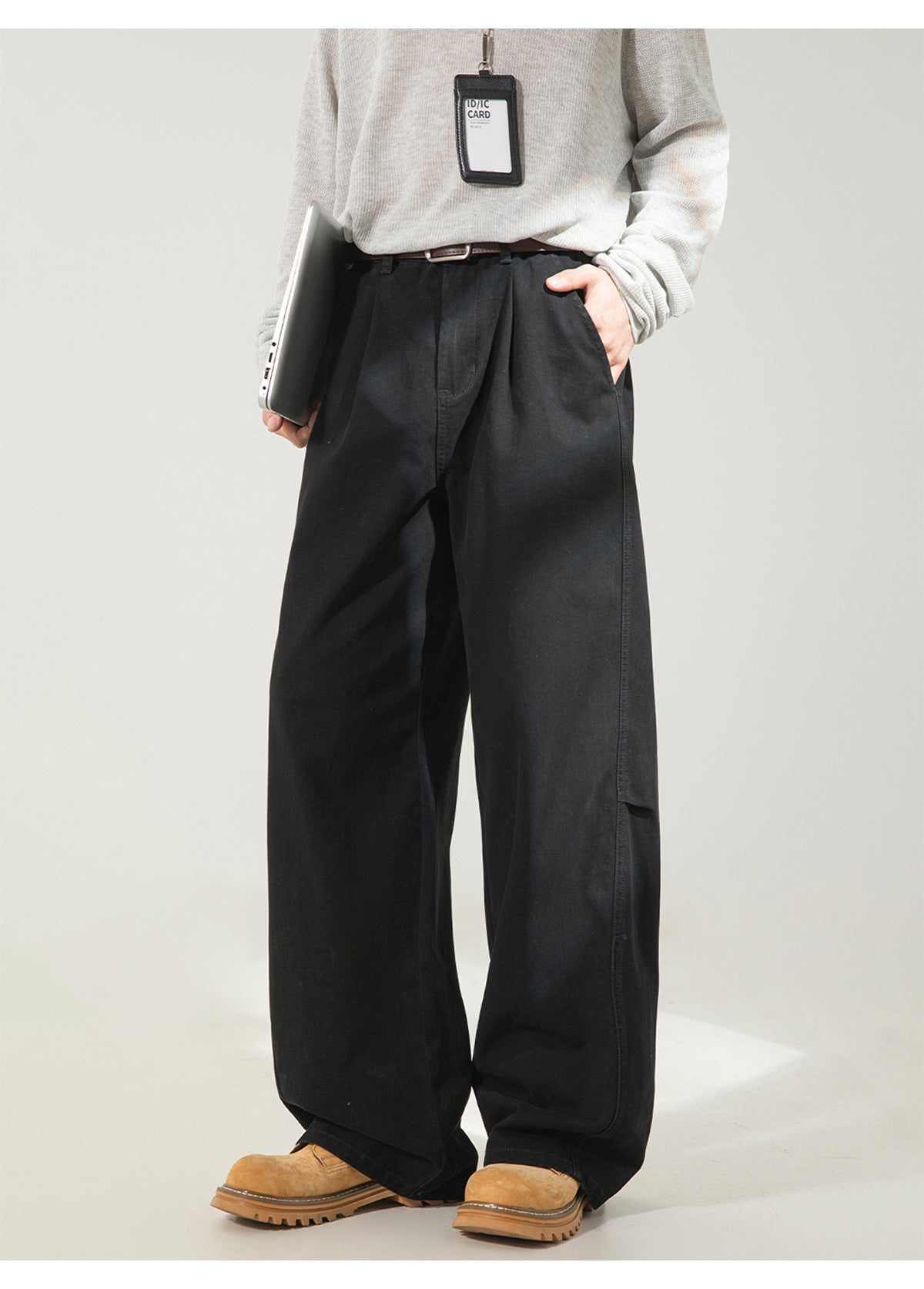 CBAOK2641-8H 分割打褶休閒褲春秋季純棉工裝直筒寬鬆長褲(3色)