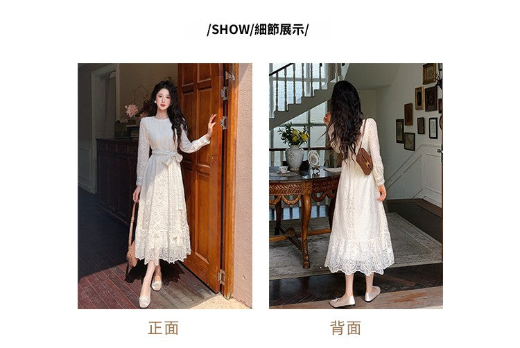 📺︎︎ CGB7139-70B 春秋裝圓領長袖水溶花收腰顯瘦蕾絲連衣裙