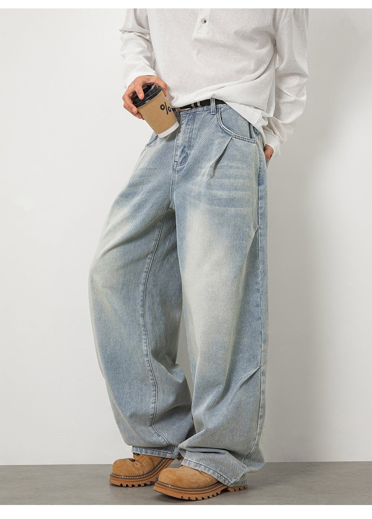 CBAON2624-8H 春秋側縫打褶水洗做舊直筒百搭寬鬆牛仔褲