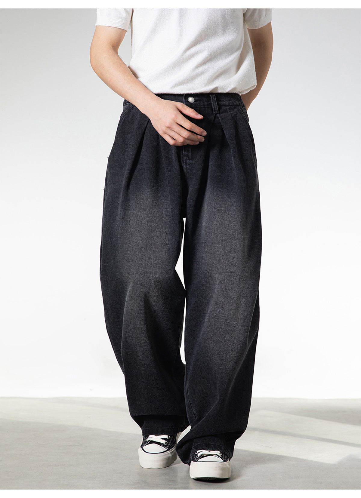 CBAON2530-8H 分叉式打褶水洗做舊春秋季復古寬鬆牛仔直筒褲(2色)