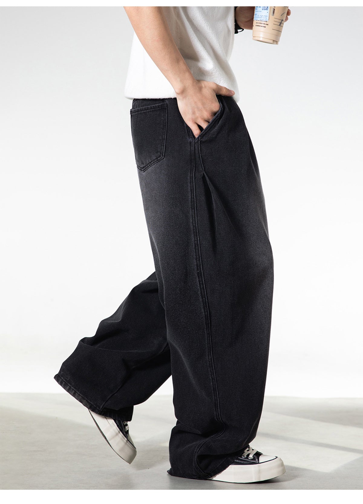 CBAON2530-8H 分叉式打褶水洗做舊春秋季復古寬鬆牛仔直筒褲(2色)