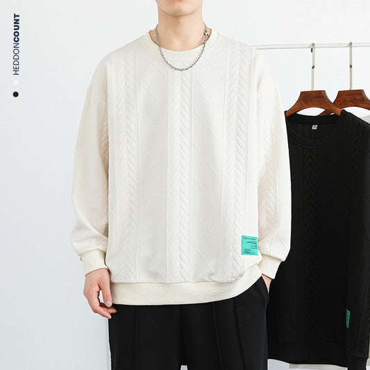 CBD2361-124B 秋季長袖寬鬆圓領提花套頭上衣(3色)