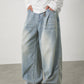 CBAON2624-8H 春秋側縫打褶水洗做舊直筒百搭寬鬆牛仔褲