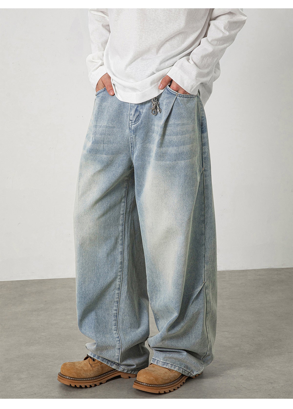 CBAON2624-8H 春秋側縫打褶水洗做舊直筒百搭寬鬆牛仔褲