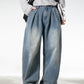 CBAON2530-8H 分叉式打褶水洗做舊春秋季復古寬鬆牛仔直筒褲(2色)