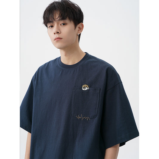 CBEMT7156-8H 復古刺繡設計純棉短袖T恤春夏寬鬆休閒T恤(2色)
