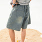 CBSON2607-8H 夏款分割打褶寬鬆復古水洗牛仔短褲(3色)
