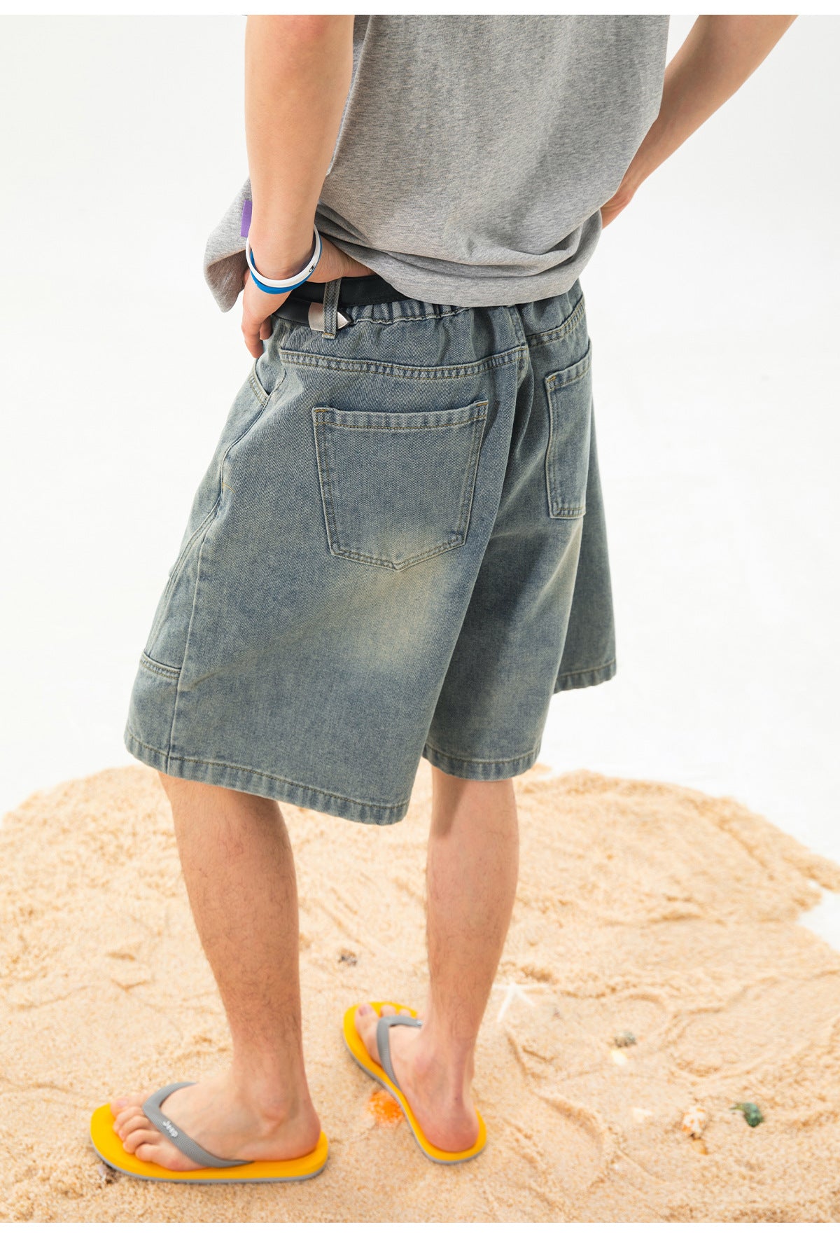 CBSON2607-8H 夏款分割打褶寬鬆復古水洗牛仔短褲(3色)