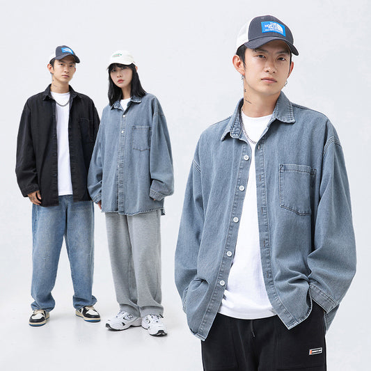 CBDJ3592-8H 日系春款牛仔長袖襯衫寬鬆基礎百搭休閒水洗襯衣